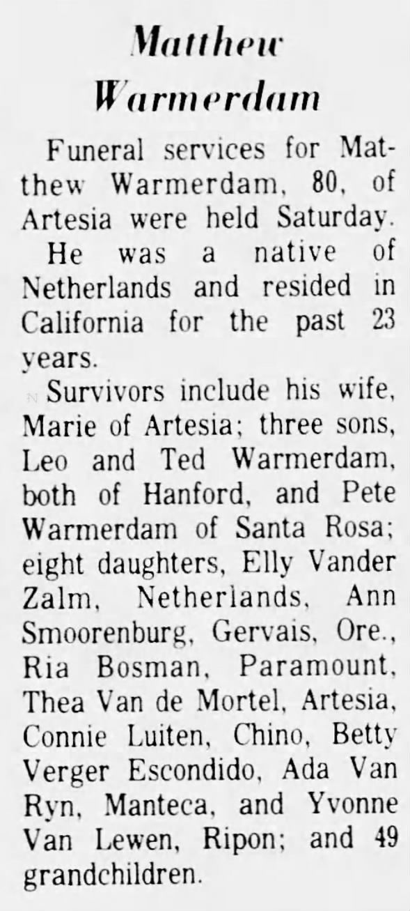 Obituary for Matthew Warmerdam (Aged 80)